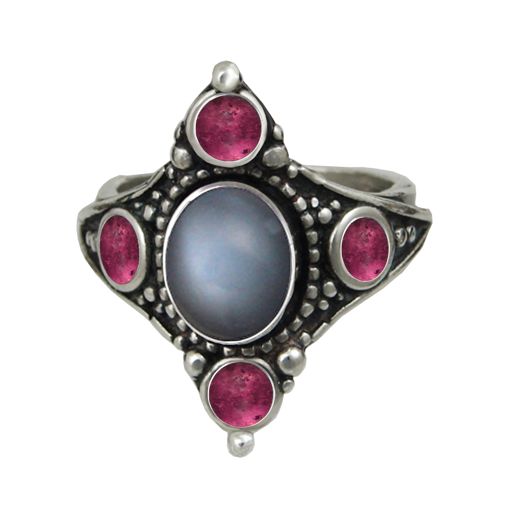 Sterling Silver Renaissance Queen's Ring With Grey Moonstone And Pink Tourmaline Size 10